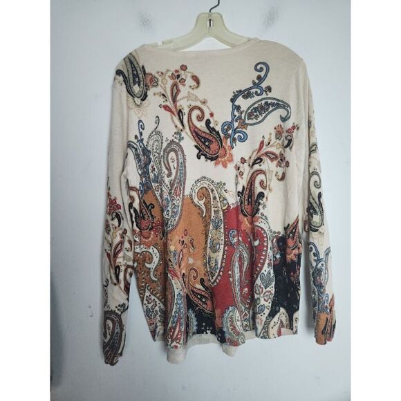 Chico's Cream Beige w/Brown Blue Red Tapestry Print Pullover Sweater size Large - Picture 8 of 8